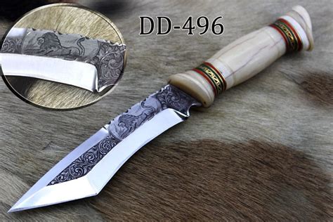 11 Hand Engraved Stainless Steel Tanto Blade Hunting Knife Cow Sheath