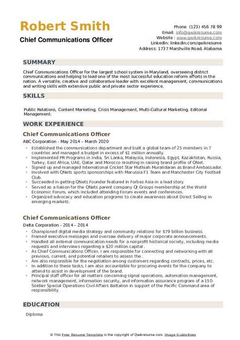 Chief Communications Officer Resume Samples Qwikresume