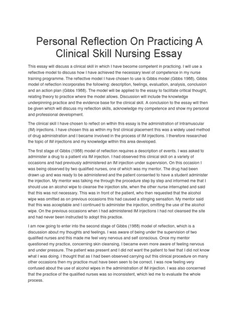 personal reflection  practicing  clinical skill nursing essay