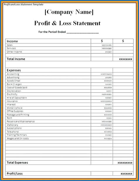 profit  loss statement template printable
