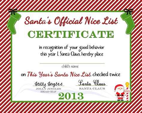 santas official nice list certificate  printable