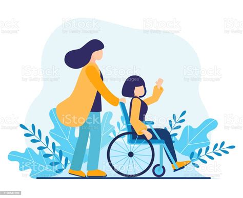 volunteer helping disabled woman sister walking in park with girl