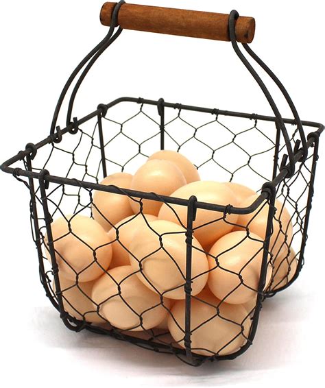 chicken wire egg basket  wooden handle vintage gathering basket
