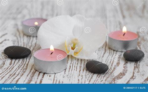 spa set  white orchid stock image image  purity