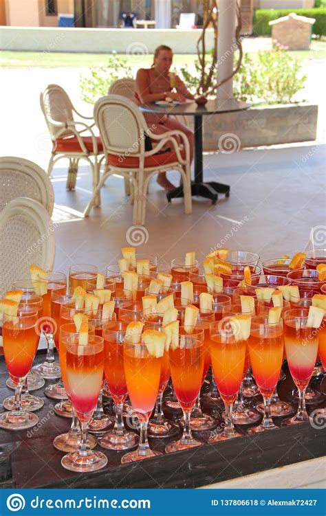 Cocktails With Melon Pieces At Tropical Resort Holiday Concept Stock