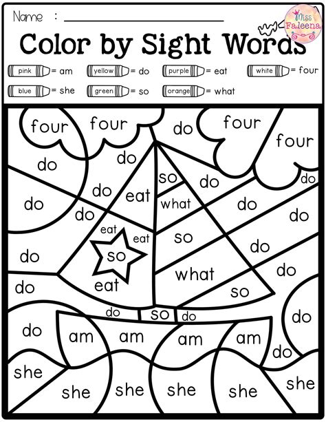 Color By Sight Words Kindergarten Isacork