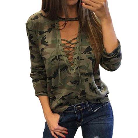 sexy camouflage tops women camo  shirt  neck lace  bandage  shirt casual ladies loose long