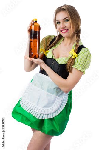 beautiful sexy blond girl waitress oktoberfest in bavarian traditional