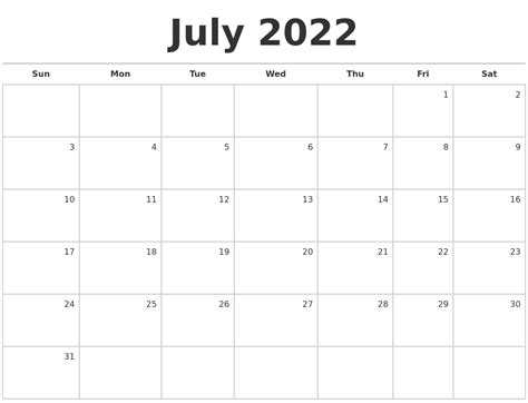 july  blank monthly calendar