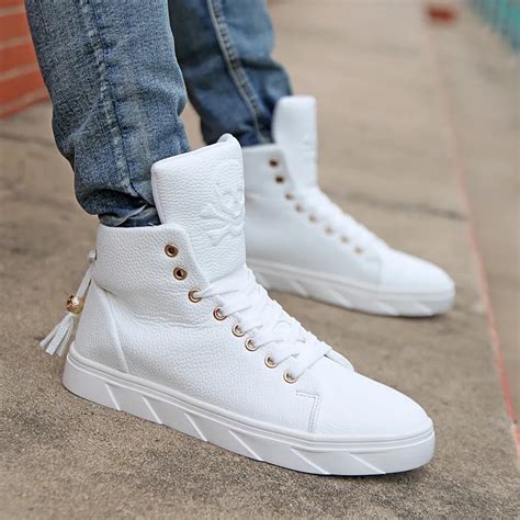 mens white high top shoes personality skull mens hip hop fashion trend  long tongued