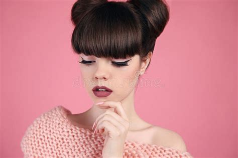 fashion brunette woman portrait with red lips isolated on
