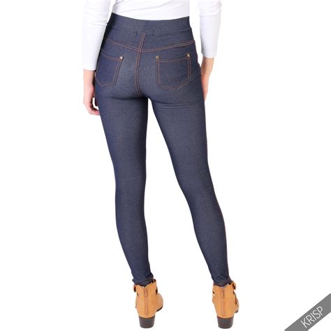 Womens Denim Look High Waist Leggings Skinny Fit Jeggings Jeans
