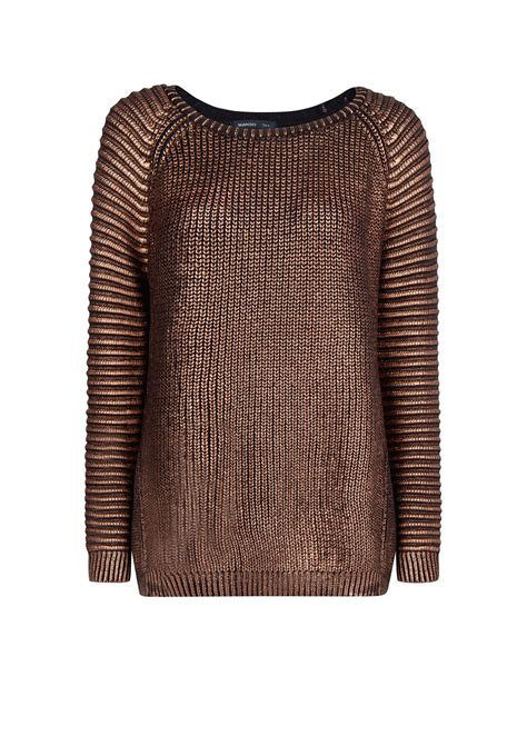 Lyst Mango Jacquard Sleeve Metallic Sweater In Brown