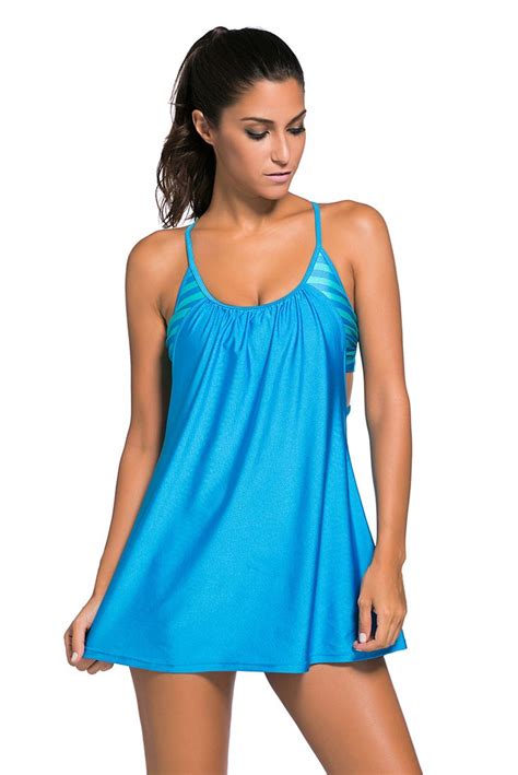 Flattering Blue Flowing Swim Dress Layered One Piece Tankini Top Swim