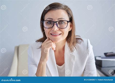 Female Mentor Tutor Teacher Looking At Webcam Closeup Face Stock