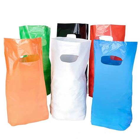 small glossy colored plastic bags  die cut handles grocery sack  retail