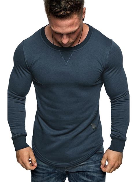 mens muscle long sleeve  shirt gym sports casual plain slim fit tops