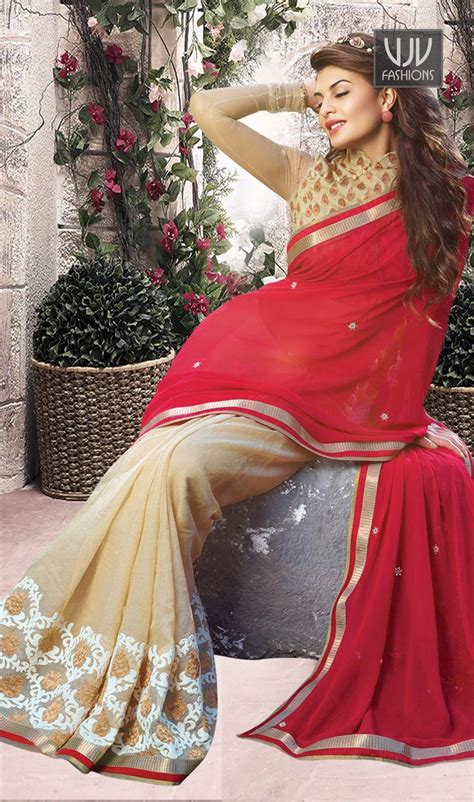 jacqueline fernandez red and chiko georgette saree