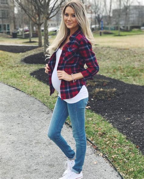 best maternity outfit ideas plaid button down white tee and skinny