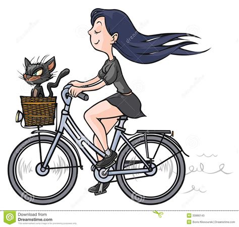menina moreno com um gato preto na bicicleta ilustração