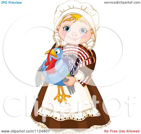 Cartoon Of A Cute Thanksgiving Pilgrim Woman Holding A