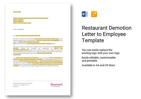 restaurant demotion letter  employee template  word apple pages