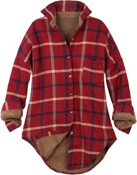 ililily women checkered plaid sherpa lined flannel long shirt trucker jacket red plaid