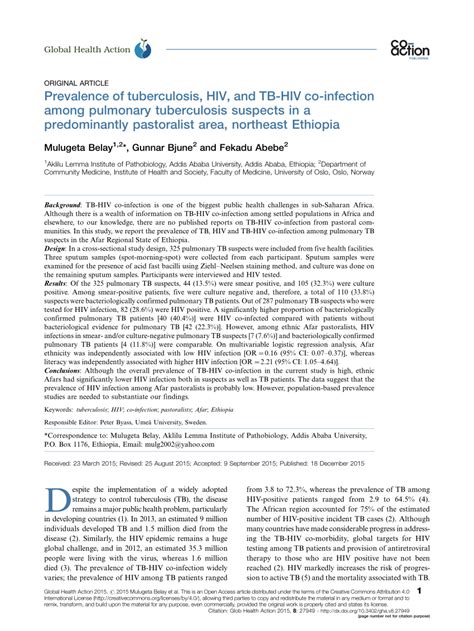 pdf prevalence of tuberculosis hiv and tb hiv co infection among pulmonary tuberculosis
