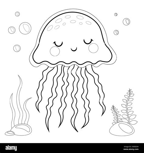 cute happy jellyfish cartoon character black  white stock