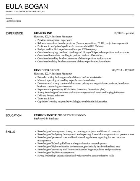 business manager resume samples velvet jobs