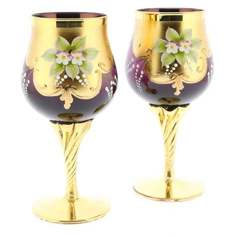 Set Of Two Murano Glass Wine Glasses 24k Gold Leaf