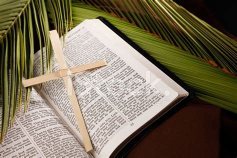 palm sunday cross  bible  branches stock photo royalty