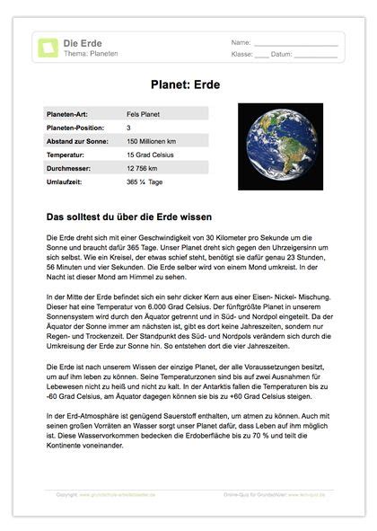 arbeitsblatt lesetext planet erde planet erde weltall und erde