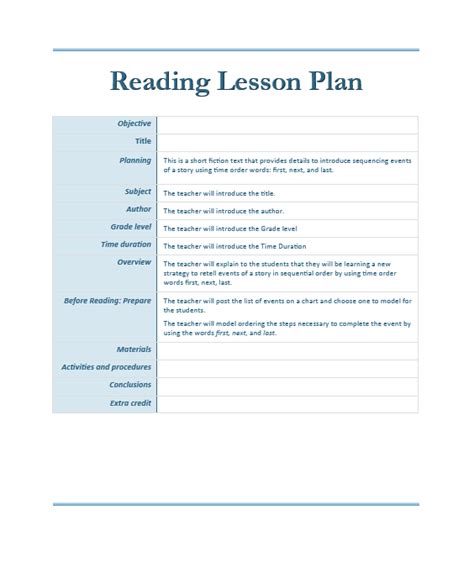 reading lesson plan template word templates