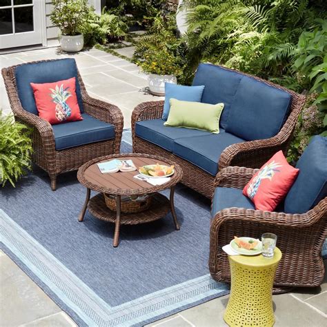 hampton bay cambridge brown wicker outdoor loveseat  blue cushions