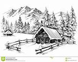 Cabin Drawing Winter Mountains Mountain Drawings Sketch Line Landscape Illustration Clipart Pencil Vector Stock Frame Snow Sketches Christmas Scene Nature sketch template