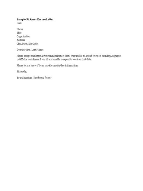 sample excuse letter  work    letter template collection