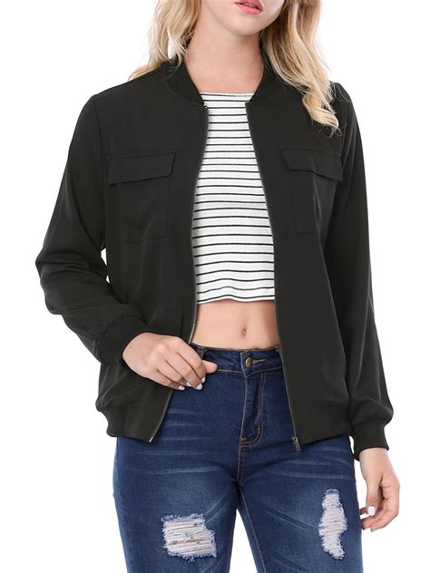unique bargains womens zip  pocket lightweight casual classic bomber jacket black