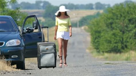 4k hot summer and hot woman sexy woman ask help on road hitchhiking