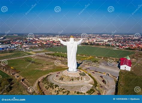 aerial drone view  jesus christ statue  swiebodzin stock photo image  polish travel