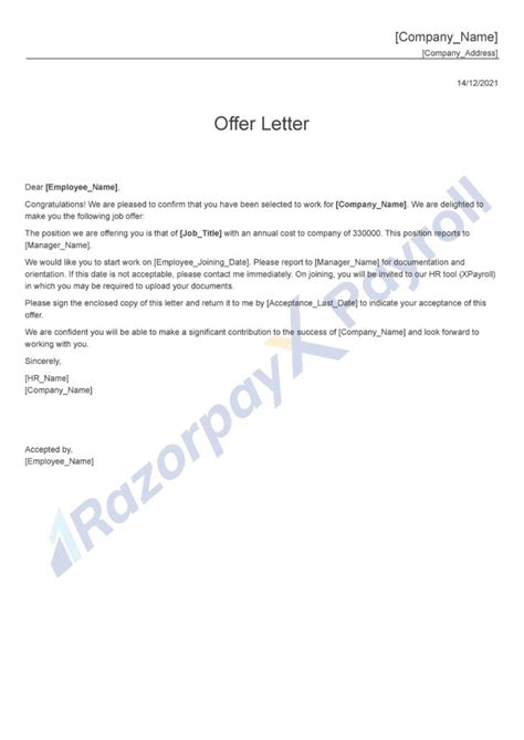 offer letter format    word templates razorpay payroll