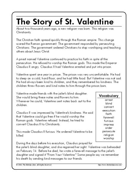 story  st valentine worksheet    grade lesson planet