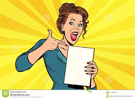 pop art woman points to a blank template stock vector