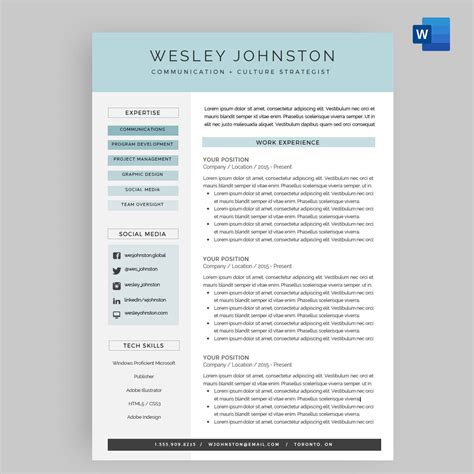 resume cv template package  microsoft word  wesley