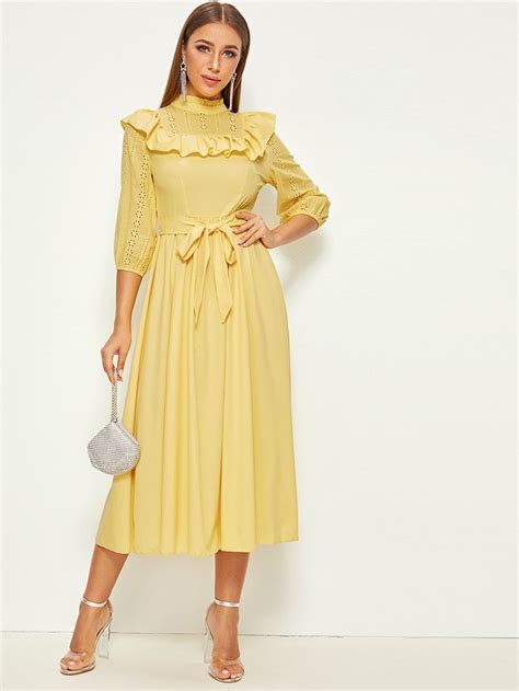 Frilled Neck Ruffle Trim Eyelet Embroidered Belted Dress Shein Usa