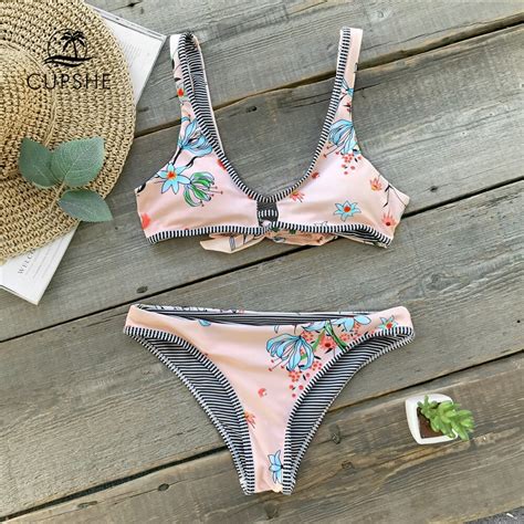 buy cupshe pink flora print reversible bikini sets