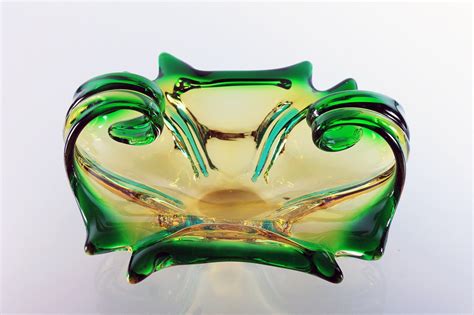 Art Glass Bowl Display Bowl Murano Style Green And Gold Etsy