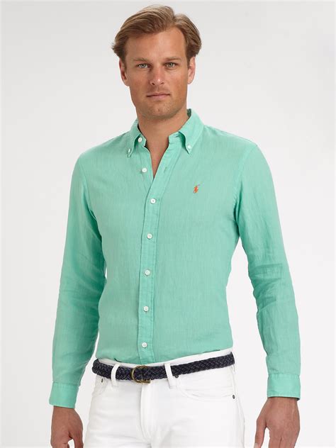 polo ralph lauren custom fit linen sport shirt  green  men lyst