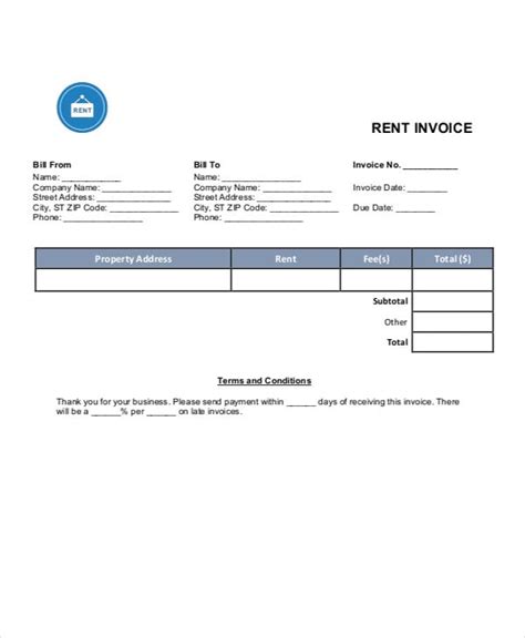 rent invoice template   word  format