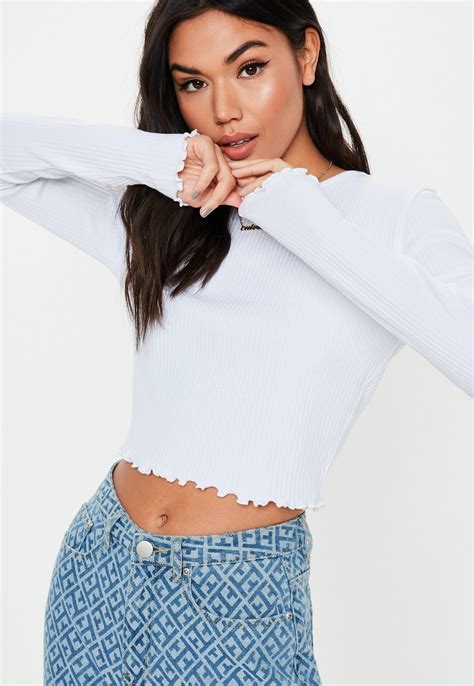 White Lettuce Hem Ribbed Long Sleeve Crop Top Missguided